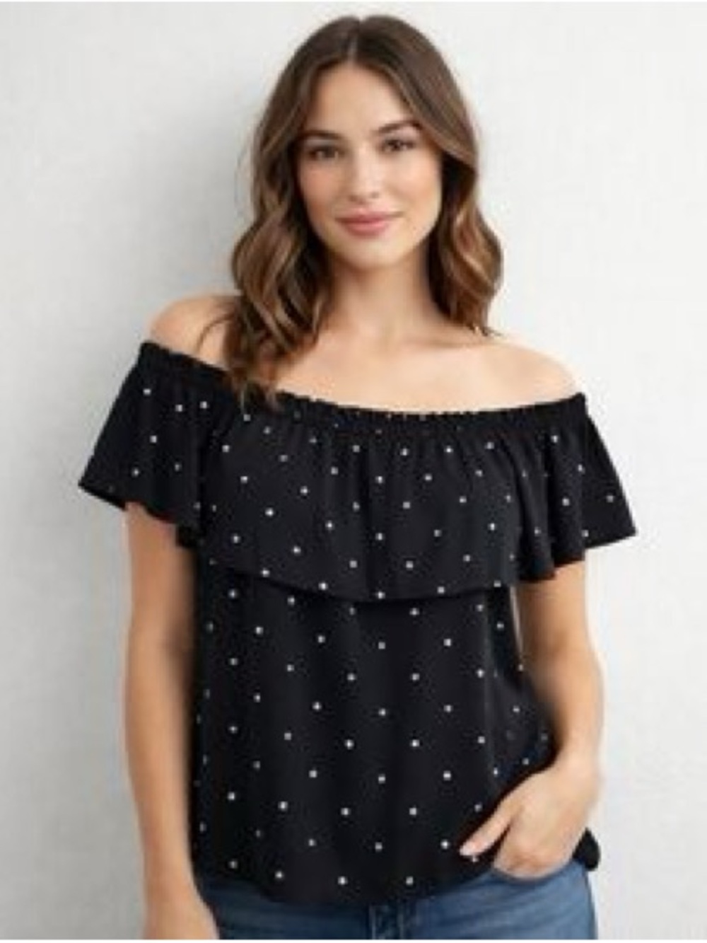 Off-Shoulder Black Dot Ruffle Top